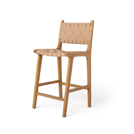 #2 In Natural - Woven Leather Counter Stool - Un-Dyed, Full Grain Leather - High-Grade Teak Frame With Neutral Finish - Hati Home