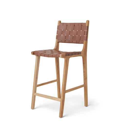 #2 In Whiskey - Woven Leather Counter Stool - Un-Dyed, Full Grain Leather - High-Grade Teak Frame With Neutral Finish - Hati Home